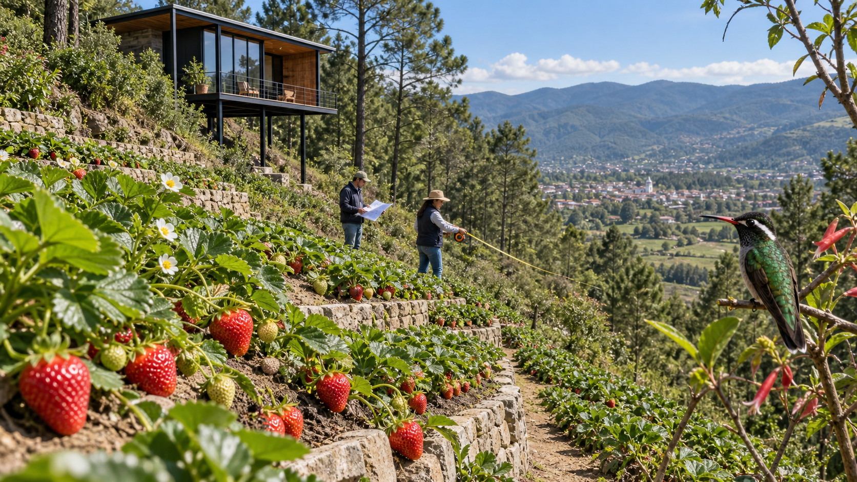 Visualización de huertos de fresas y terrenos en la ladera entre pinos