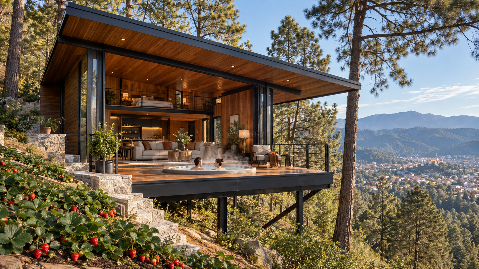 Propuesta de loft negro elevado entre pinos con jacuzzi al frente