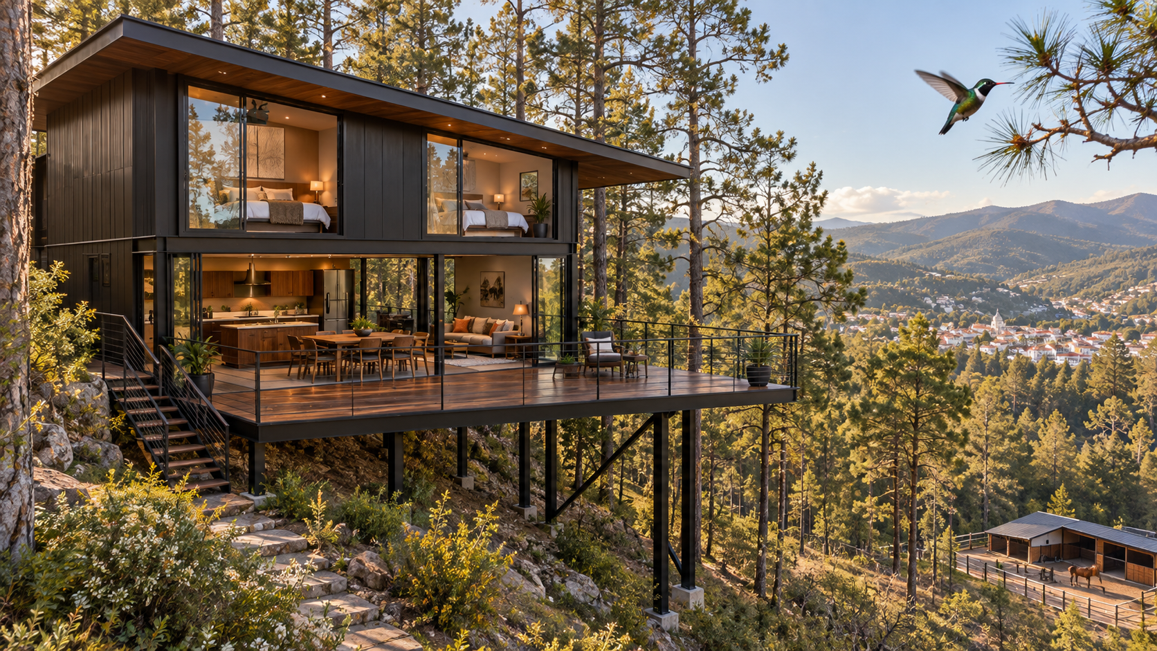 Propuesta de loft negro de dos niveles entre pinos, con dos habitaciones arriba